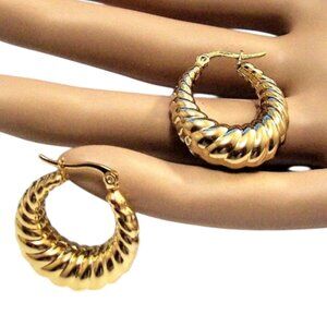24K Gold Plated Deep Swirl Ribbed Pierced Post Earrings 28mm Thick Oval Band